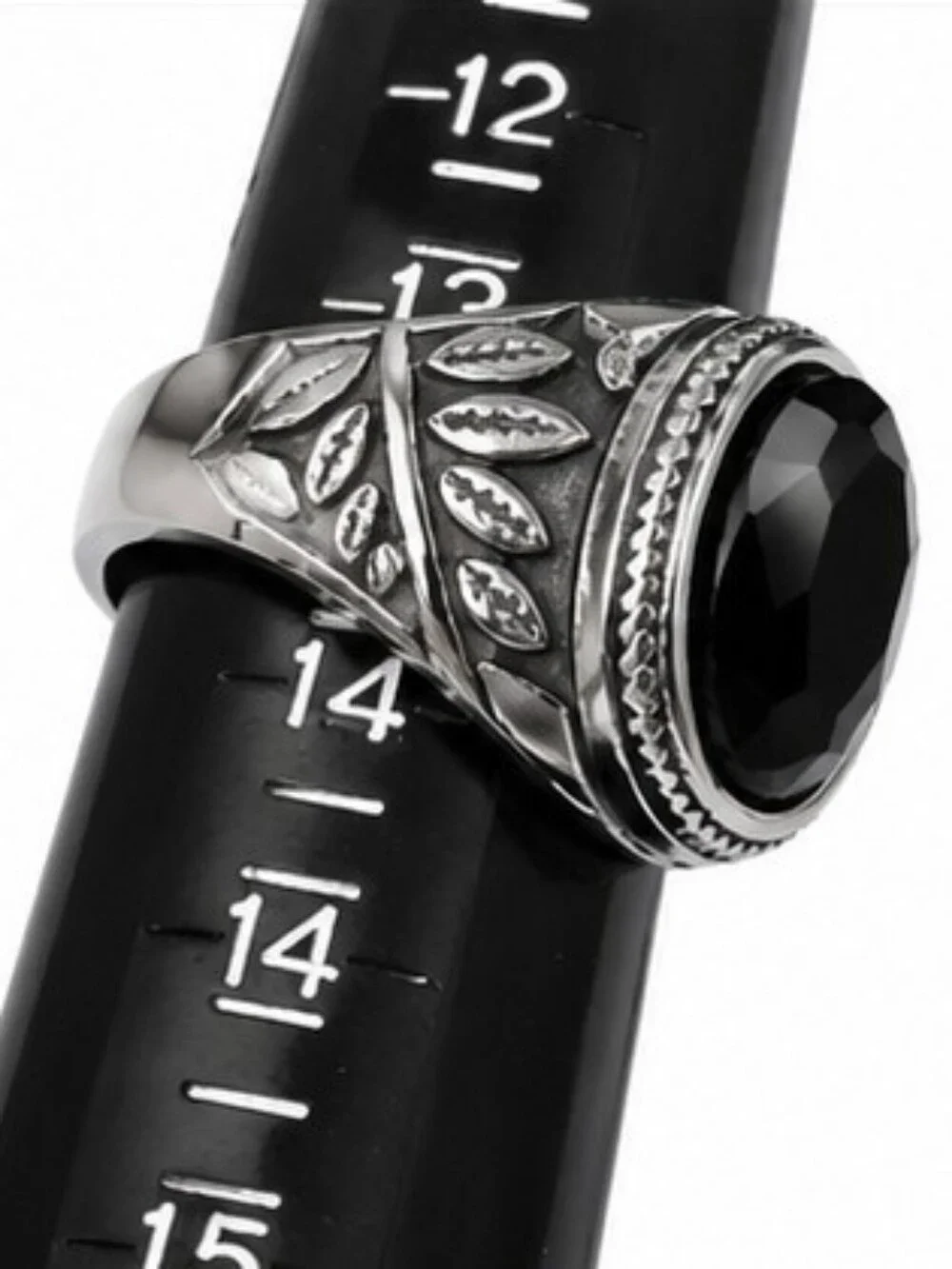 Men's Black Stone Stainless Steel Ring Rhodium Plated Gothic Statement Ring - Picture 4 of 11